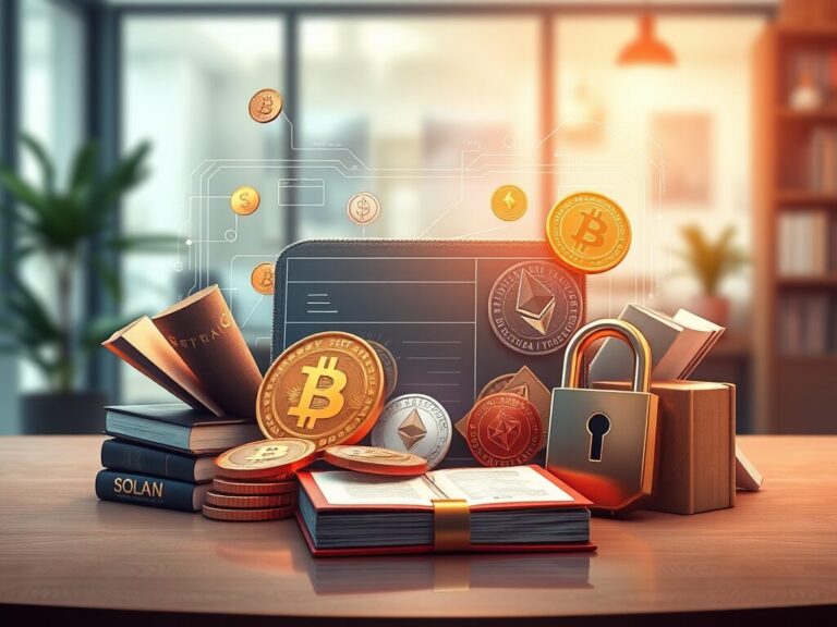 Sawir muujinaya calaamadaha lacagaha cryptocurrency sida Bitcoin iyo Ethereum oo ku dul yaal miiska shaqada.”